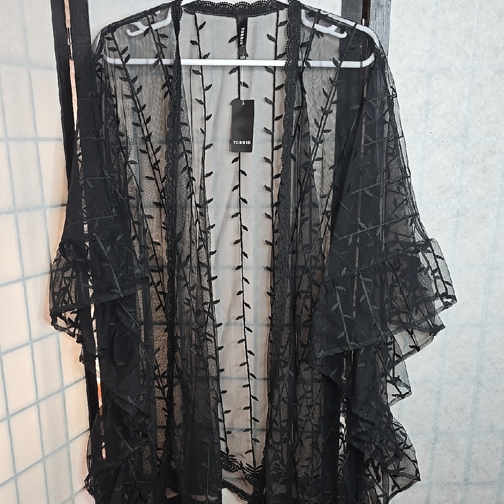 Black Sheer Kimono with Leaf Pattern